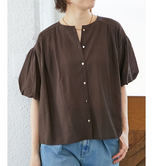  「《手洗い可能》サテンノーカラーバルーンブラウス」|シャツ・ブラウス|