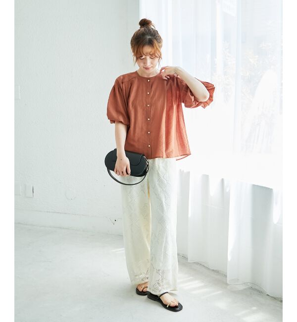  「《手洗い可能》サテンノーカラーバルーンブラウス」|シャツ・ブラウス|