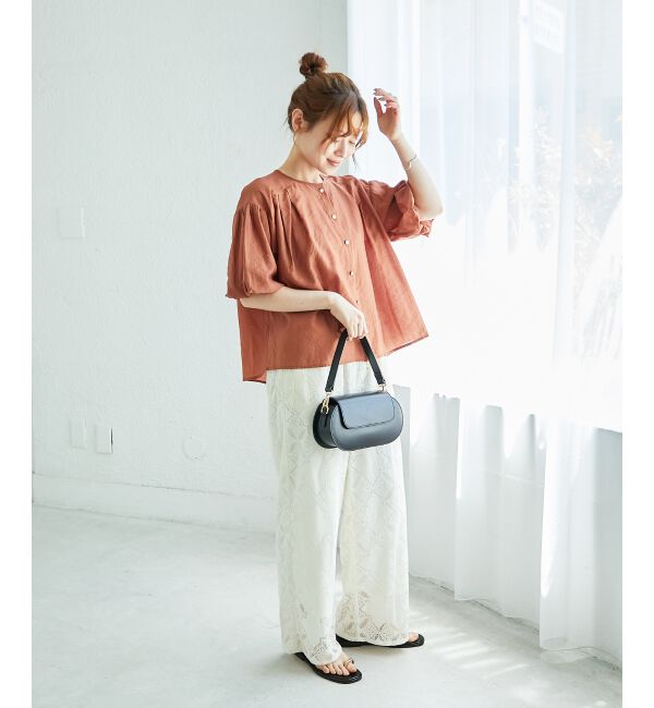  「《手洗い可能》サテンノーカラーバルーンブラウス」|シャツ・ブラウス|