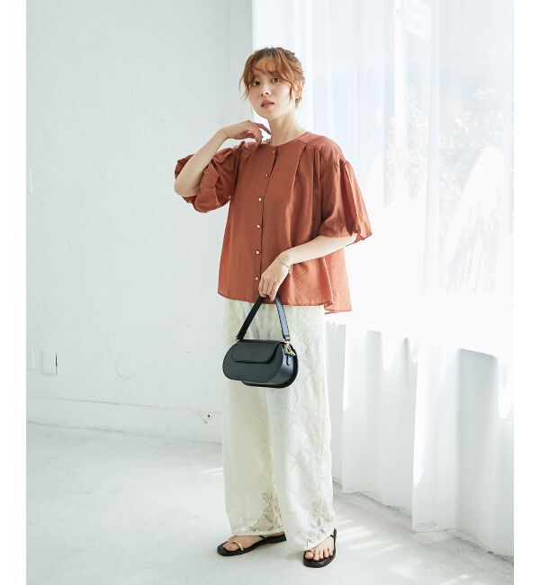  「《手洗い可能》サテンノーカラーバルーンブラウス」|シャツ・ブラウス|