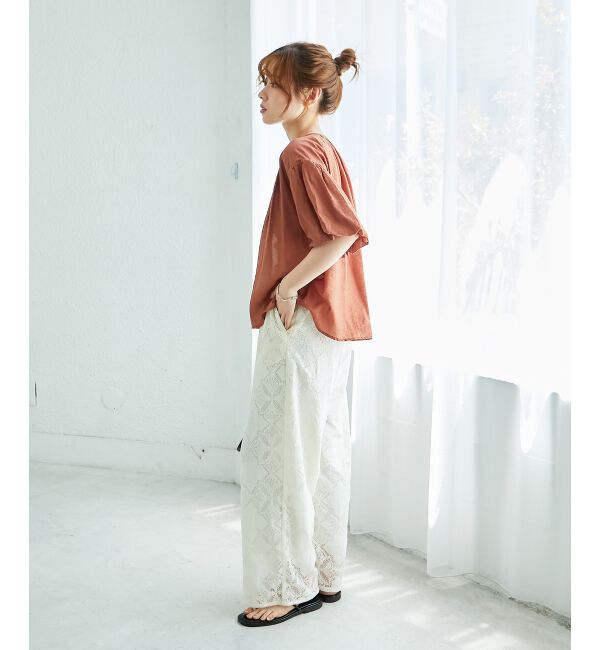  「《手洗い可能》サテンノーカラーバルーンブラウス」|シャツ・ブラウス|
