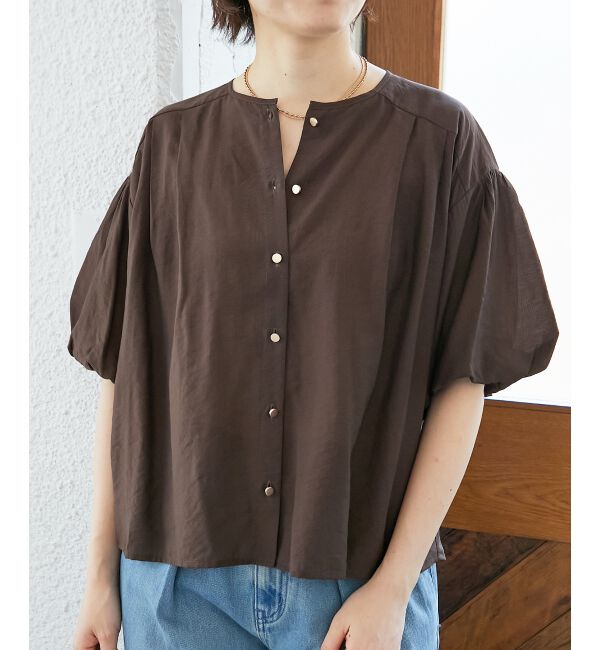  「《手洗い可能》サテンノーカラーバルーンブラウス」|シャツ・ブラウス|