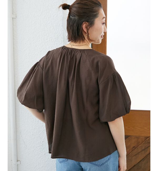  「《手洗い可能》サテンノーカラーバルーンブラウス」|シャツ・ブラウス|