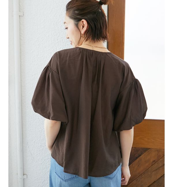  「《手洗い可能》サテンノーカラーバルーンブラウス」|シャツ・ブラウス|