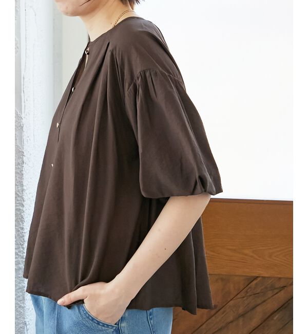  「《手洗い可能》サテンノーカラーバルーンブラウス」|シャツ・ブラウス|