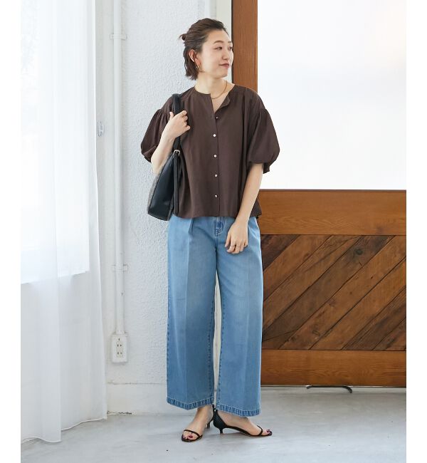  「《手洗い可能》サテンノーカラーバルーンブラウス」|シャツ・ブラウス|