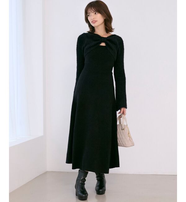  「リボンボレロドッキングニットワンピ」|ワンピース|ブラック