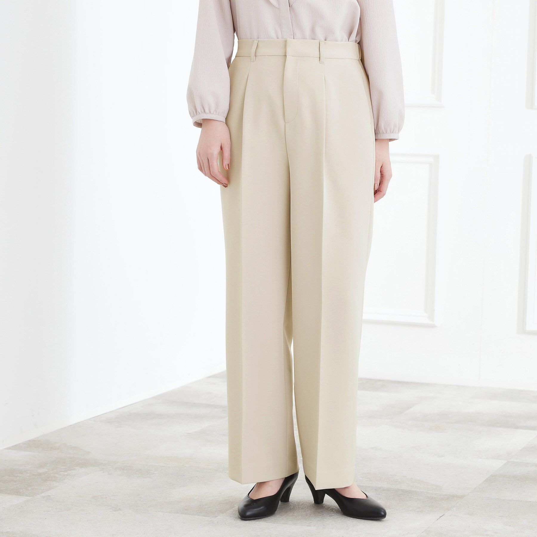 grove「【マシンウォッシュ／防シワ/SS-3L】ストレッチワイドパンツ」|その他|グレージュ(050)