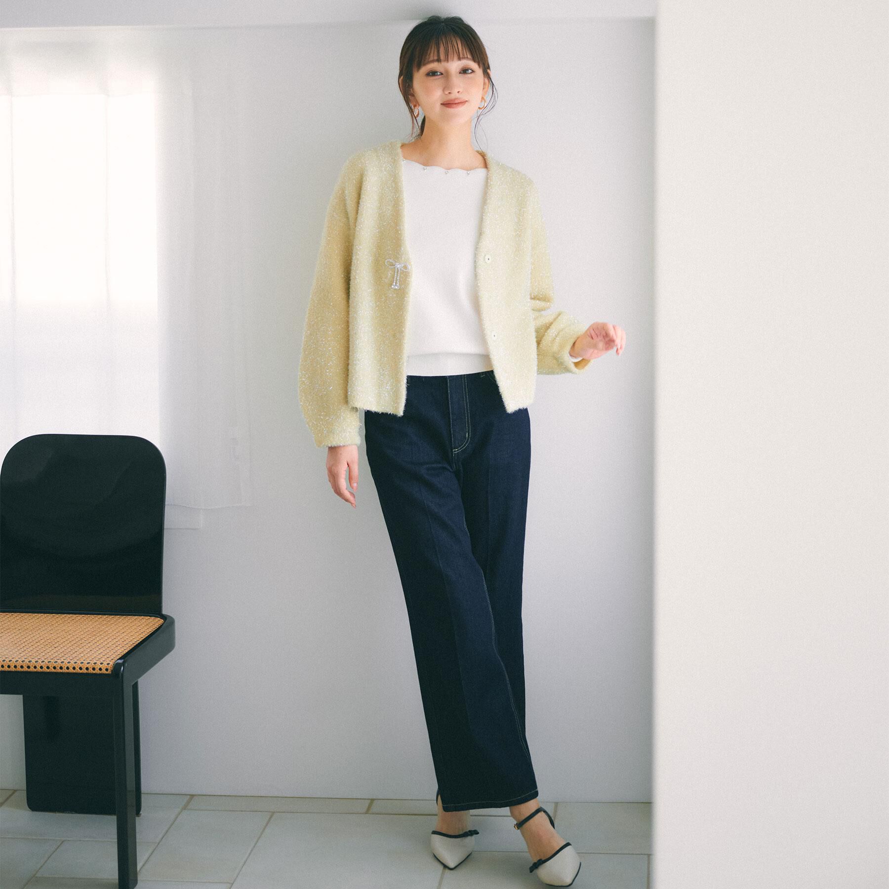 index「リボンブローチフィルムラメフェザーカーディガン【洗濯機OK】」|カーディガン|