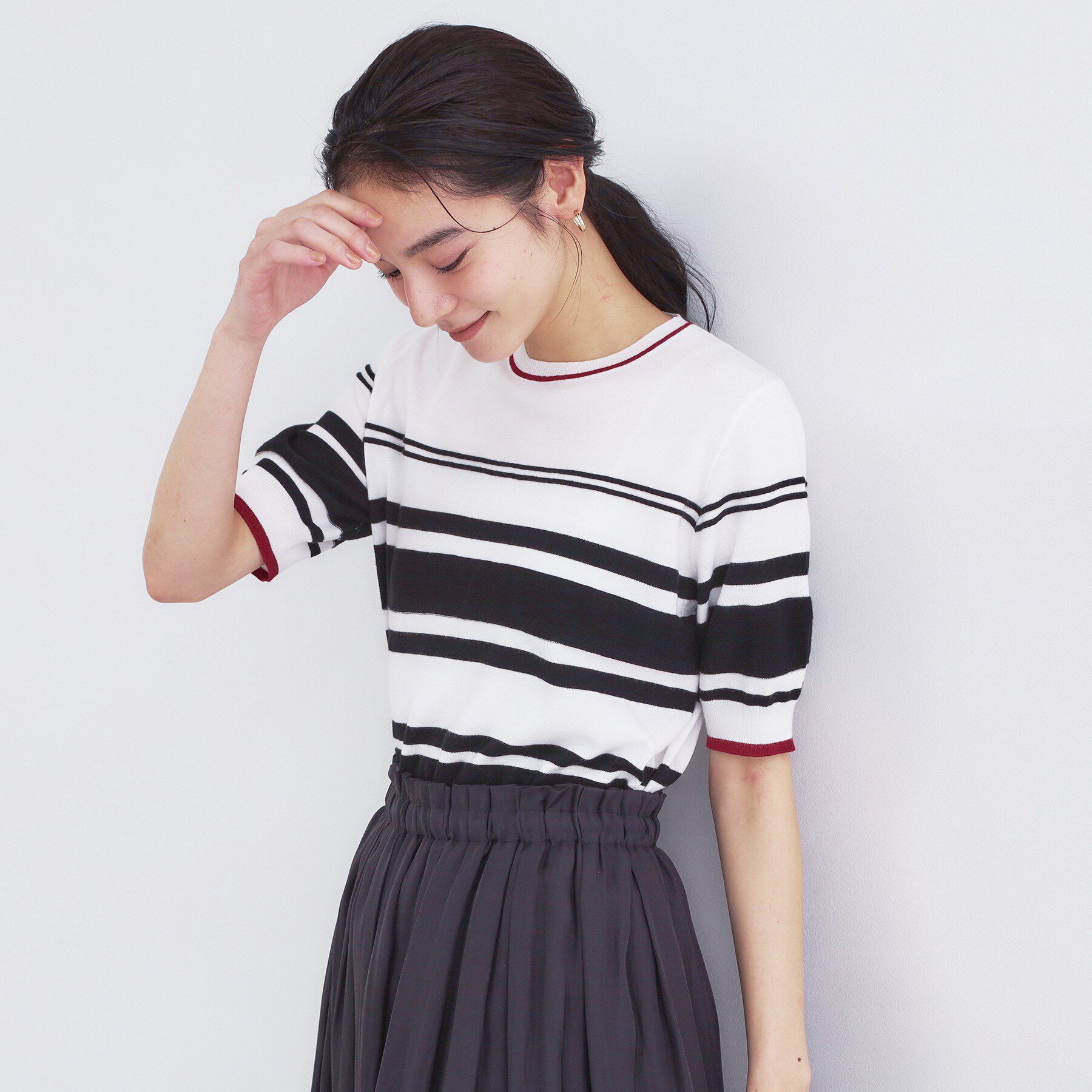 OPAQUE.CLIP「ランダムボーダーハーフスリーブニット【洗濯機OK】」|ニット・セーター|