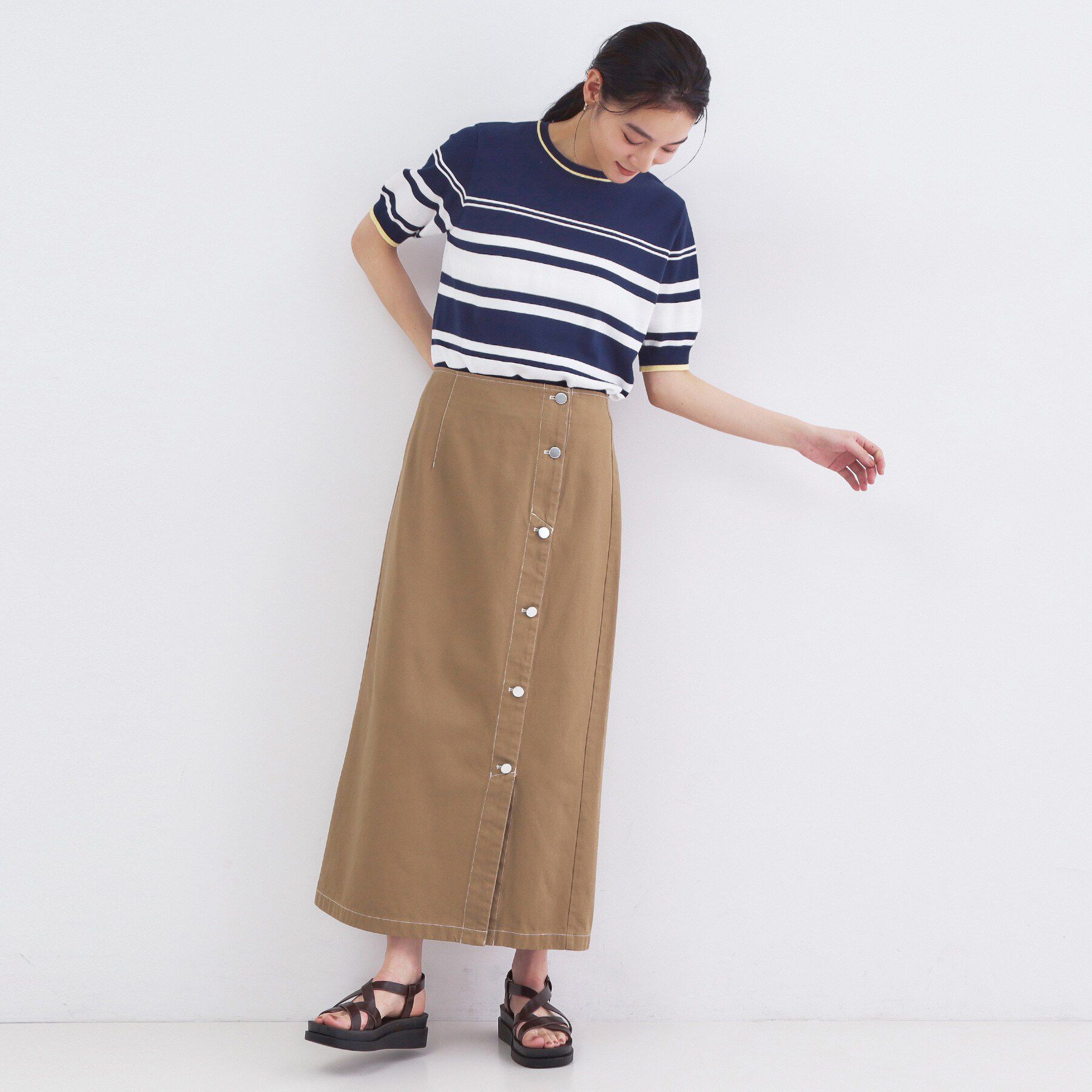 OPAQUE.CLIP「ランダムボーダーハーフスリーブニット【洗濯機OK】」|ニット・セーター|