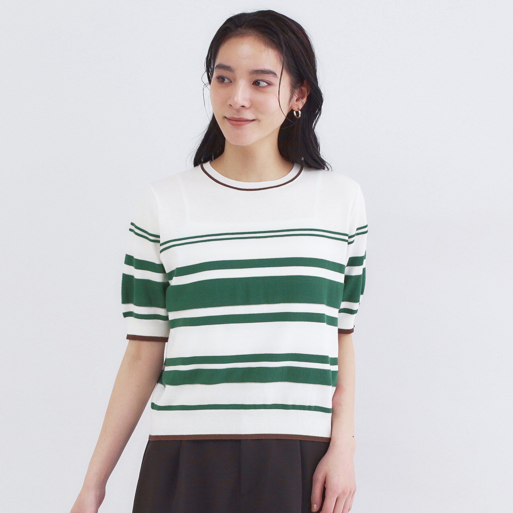 OPAQUE.CLIP「ランダムボーダーハーフスリーブニット【洗濯機OK】」|ニット・セーター|