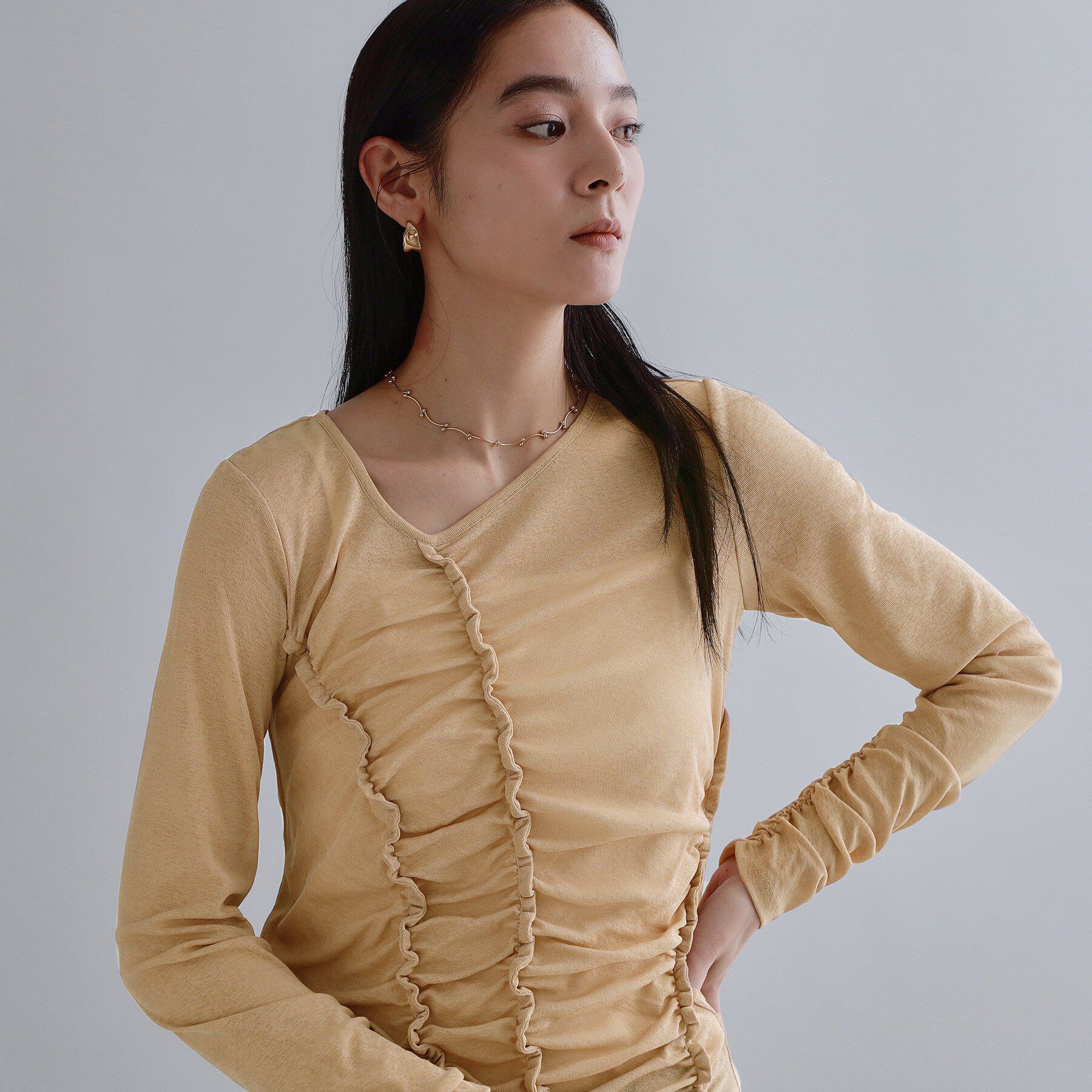 OPAQUE.CLIP「【es】アシンメトリーシャーリング シアーカットソー【洗濯機OK】」|Tシャツ・カットソー|ベージュ(052)