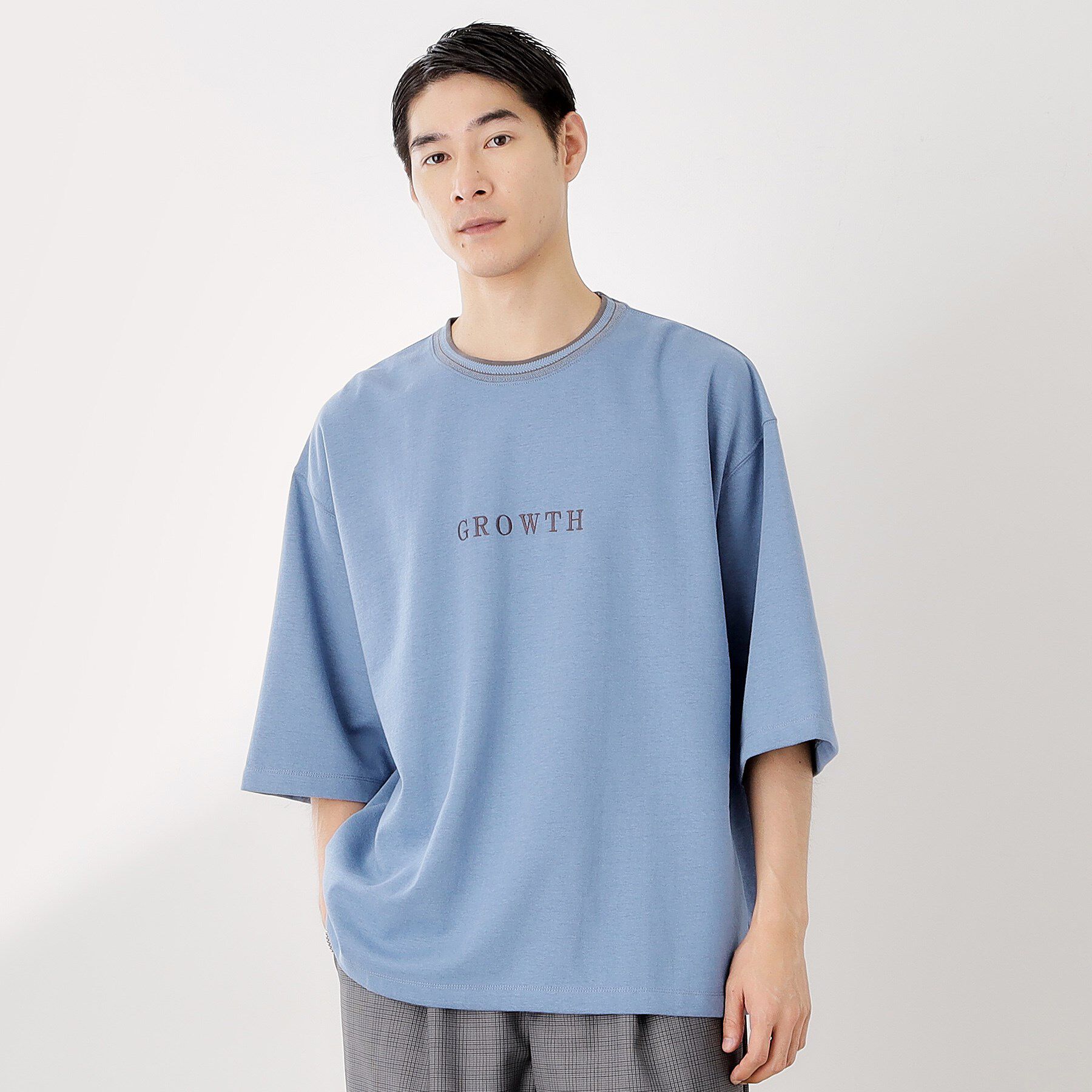 THE SHOP TK「配色刺繍6分袖Tシャツ 【ビッグシルエット／洗濯機OK】」|Tシャツ・カットソー|ブルー(591)