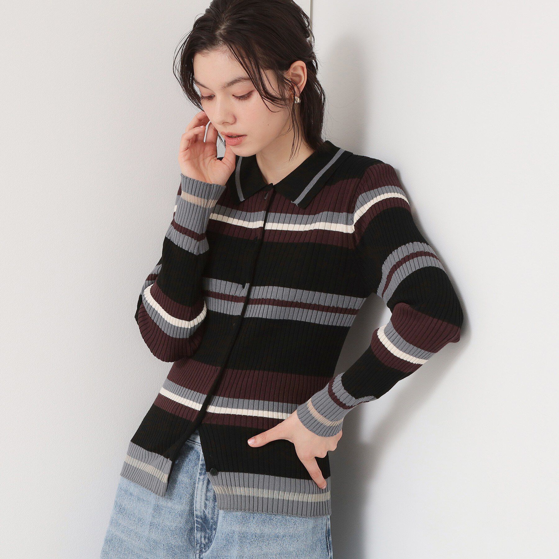 THE SHOP TK「衿付マルチボーダーニット」|ニット・セーター|ブラック(319)