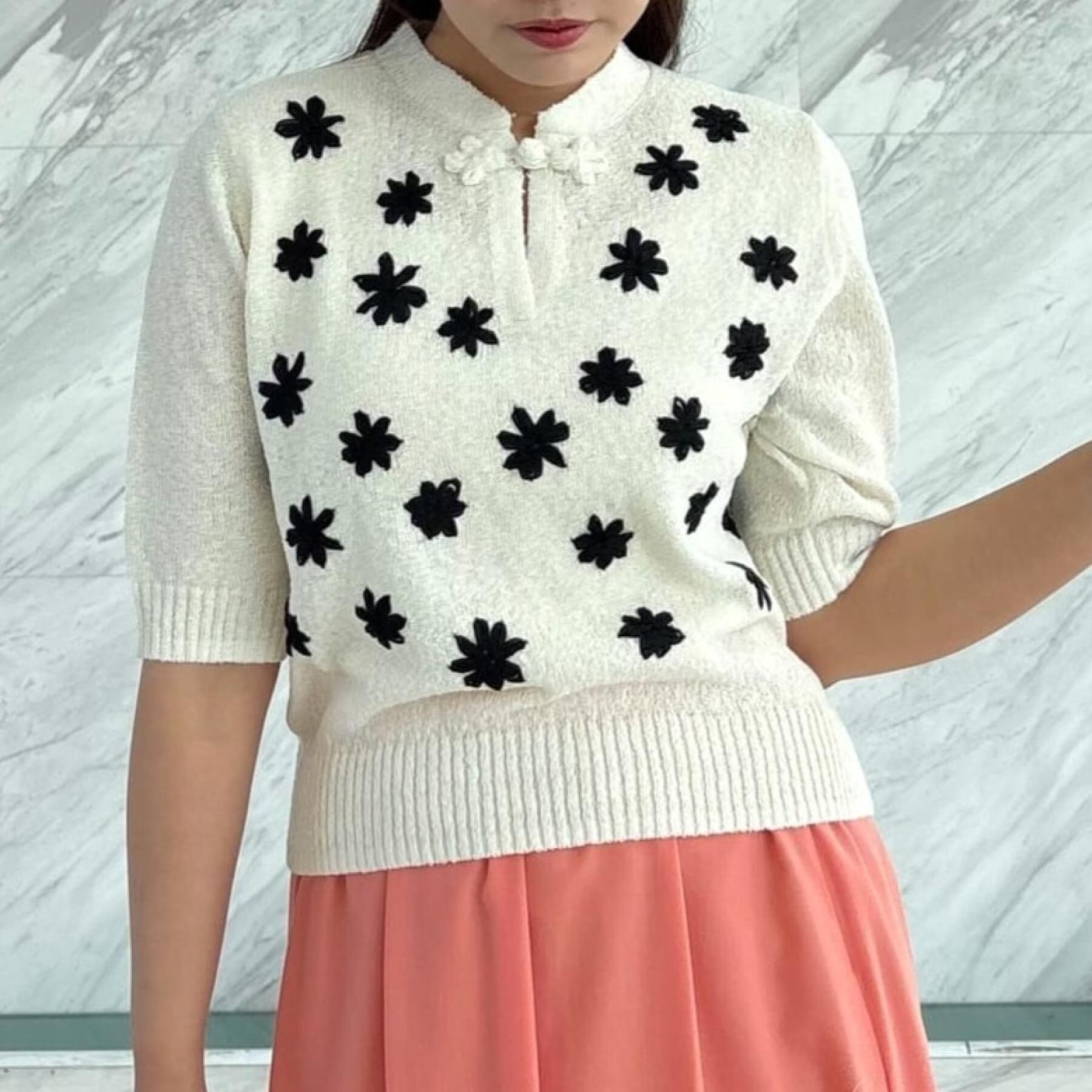 SunaUna「【手刺繍／花モチーフ】チャイナカラーニット」|ニット・セーター|オフホワイト(503