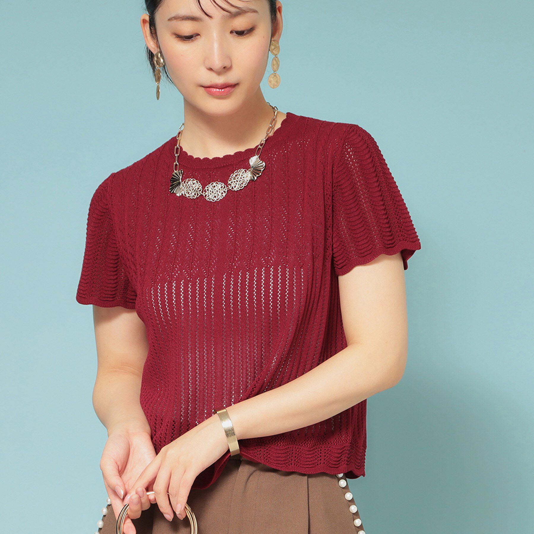 SunaUna「【透かし柄】スカラップニット」|ニット・セーター|ボルドー(064)