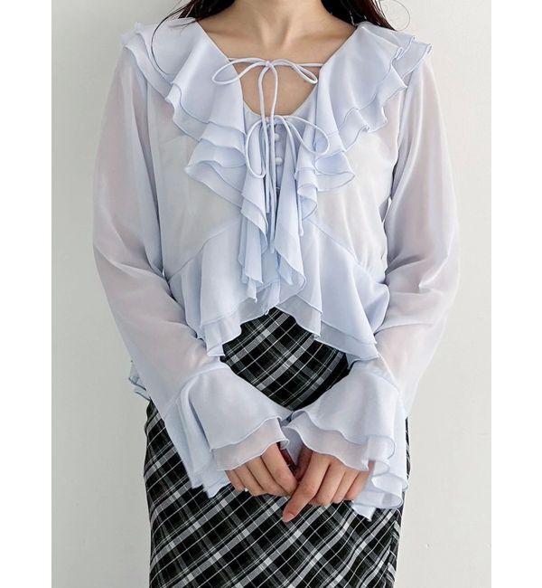 MERCURYDUO「シアーラッフルダブルリボンブラウス」|シャツ・ブラウス|アイスブルー
