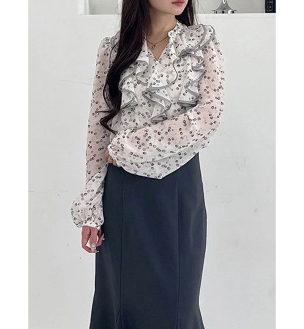 MERCURYDUO「ダブルラッフルバイカラーパイピングブラウス」|シャツ・ブラウス|アイボリー