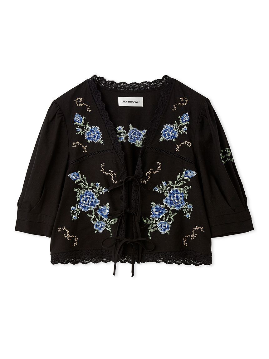 LILY BROWN「フラワークロスステッチリボンジャケット」|ノーカラージャケット|