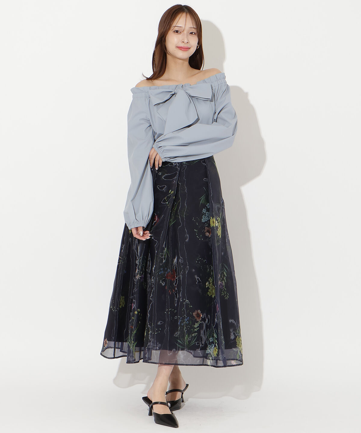 アンドクチュール「フラワーオーガンジーフレアスカート」|フレア|