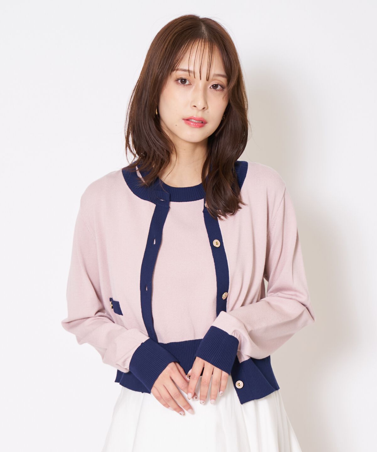 アンドクチュール「バイカラーニットアンサンブル」|カーディガン|ピンク