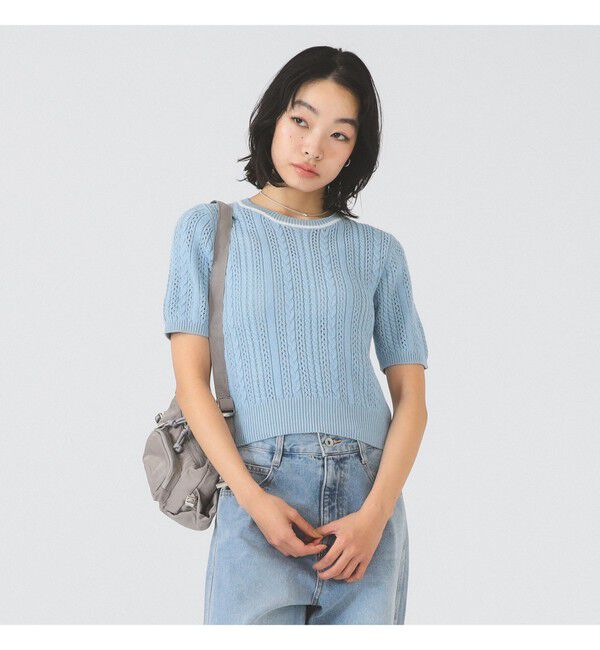 Ray BEAMS 「ケーブル ハーフスリーブ クルーネック」|ニット・セーター|BLUE