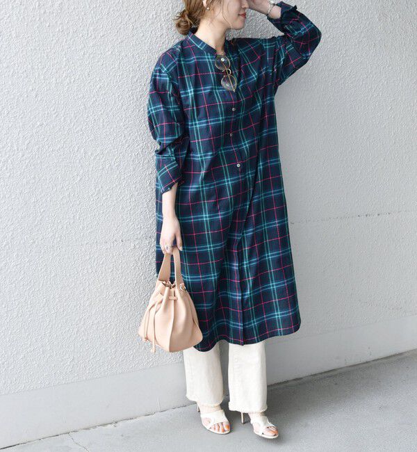 SHIPS any「SHIPS any:〈ウォッシャブル〉ネオンチェック パフシャツ ワンピース」|ワンピース|ネイビー