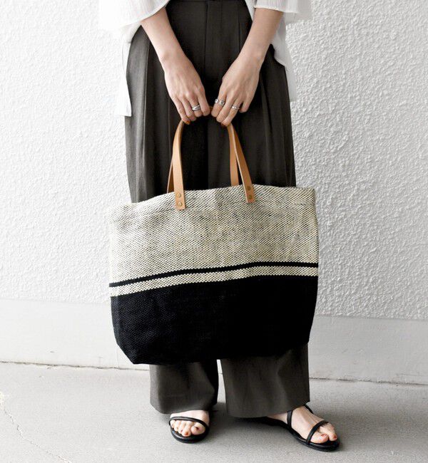 SHIPS any「《予約》TARANGO: ライン デザイン ジュート ビッグ トート（A4対応）」|トートバッグ|ブラック