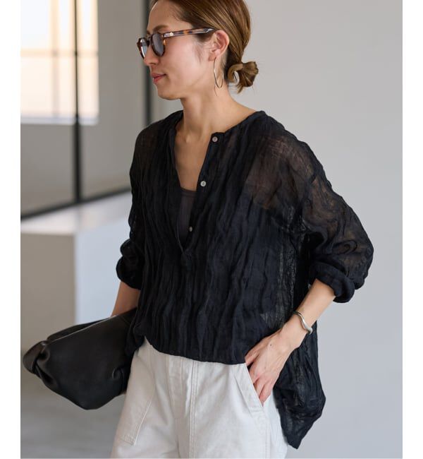 FRAMeWORK「≪追加≫LINENクレープヘンリーネックブラウス 3」|シャツ・ブラウス|