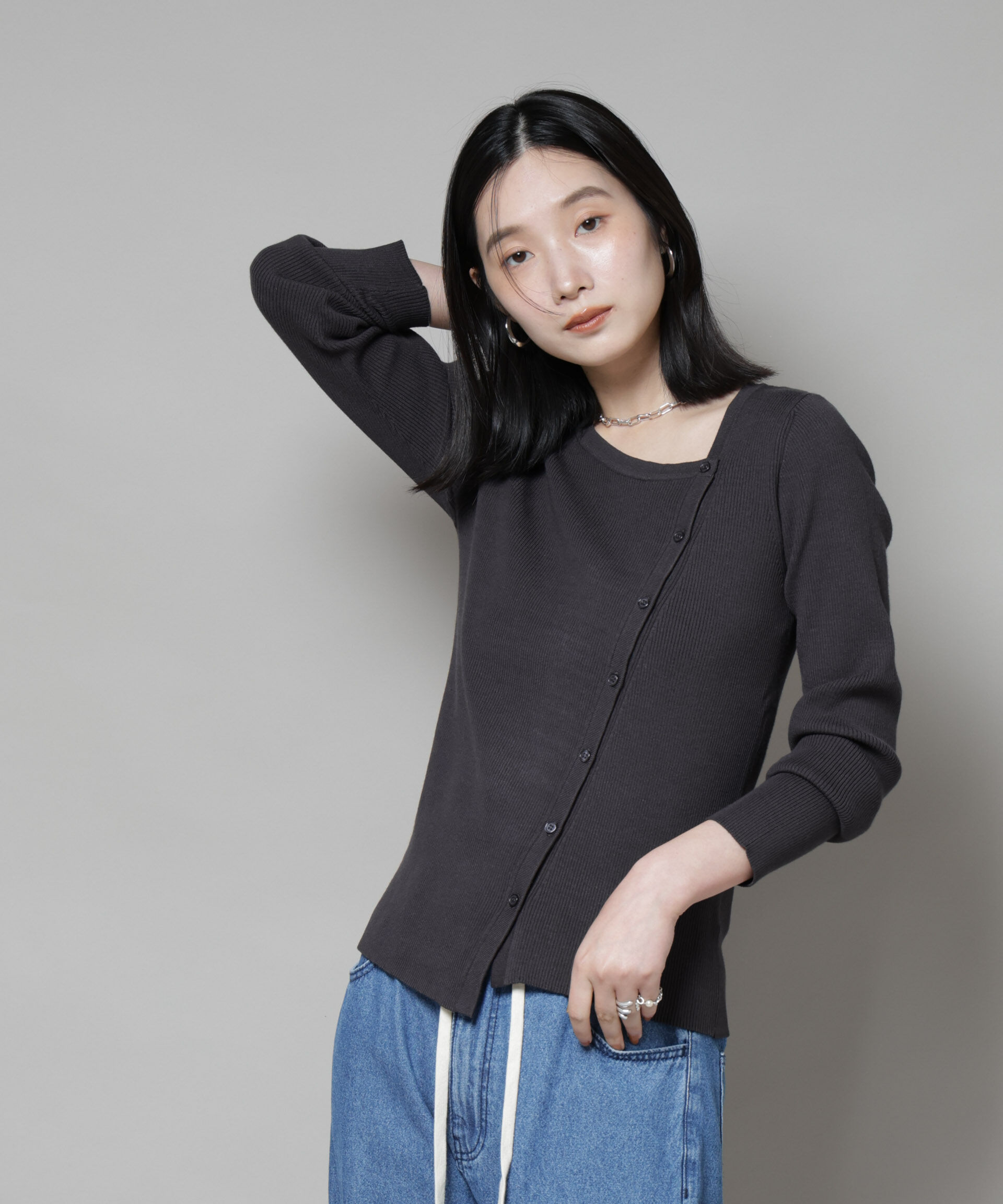 nano･universe「アシメネックデサインリブニットトップス」|ニット・セーター|