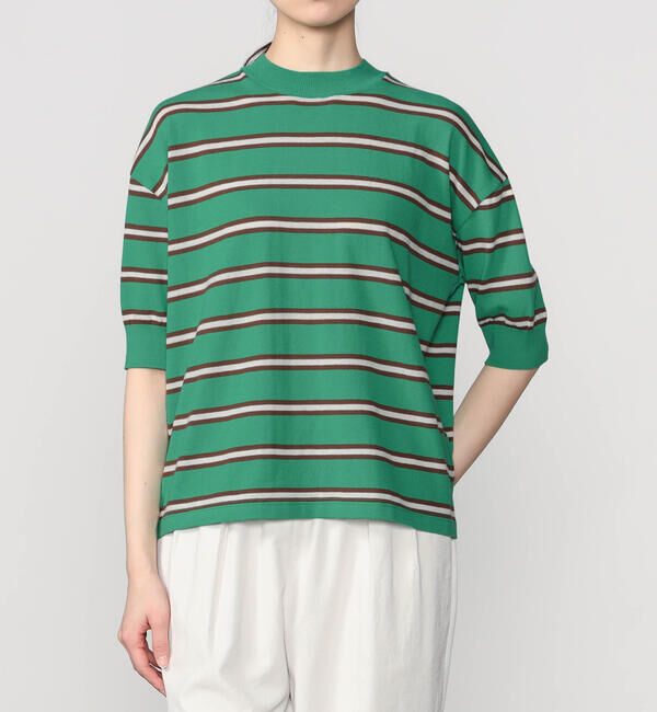  「MEYAME |〈別注〉コットンニット ボーダー半袖Tシャツ WOMEN」|ニット・セーター|GREEN系1