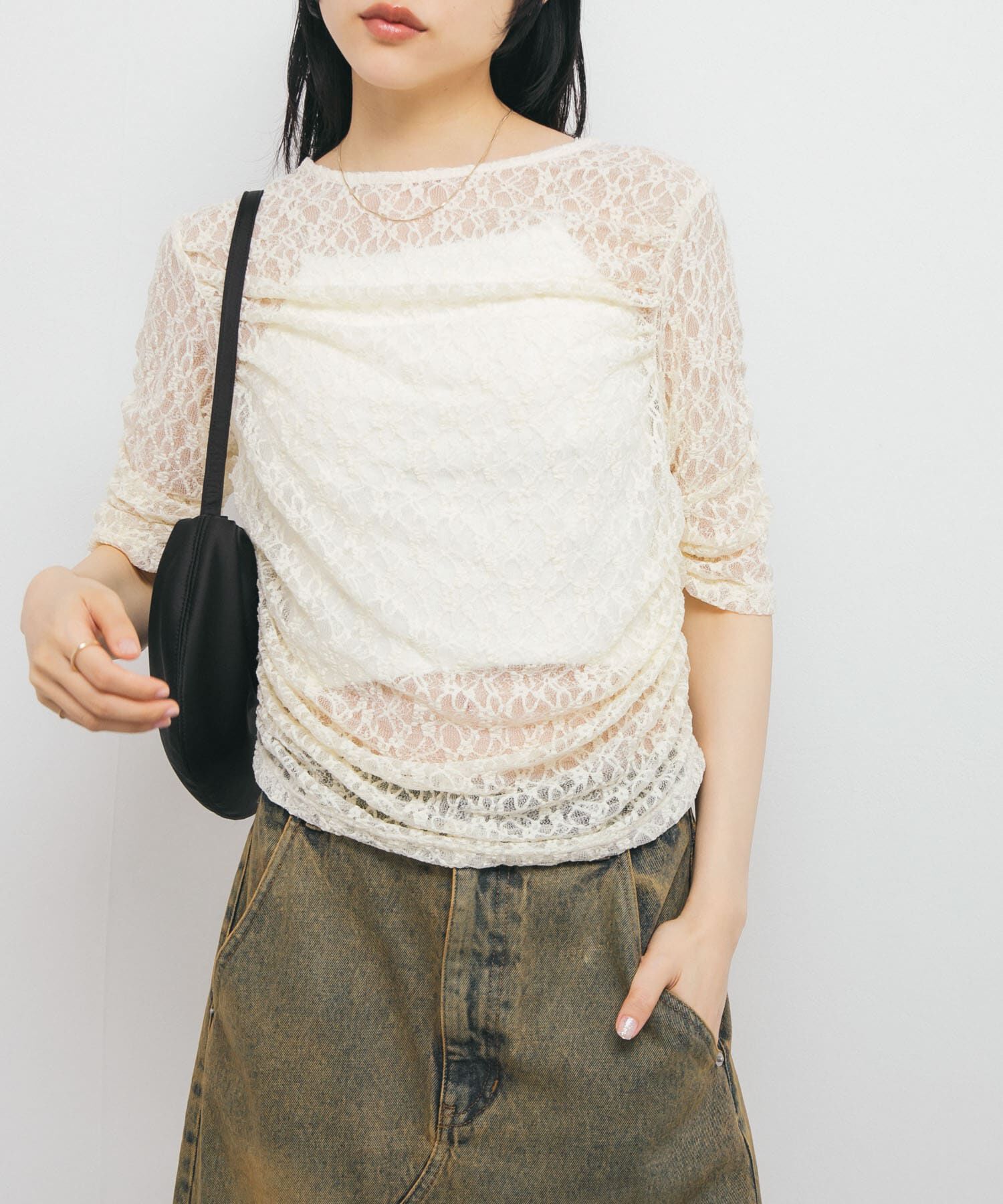  「ハーフスリーブドレープレースTEE」|Tシャツ・カットソー|