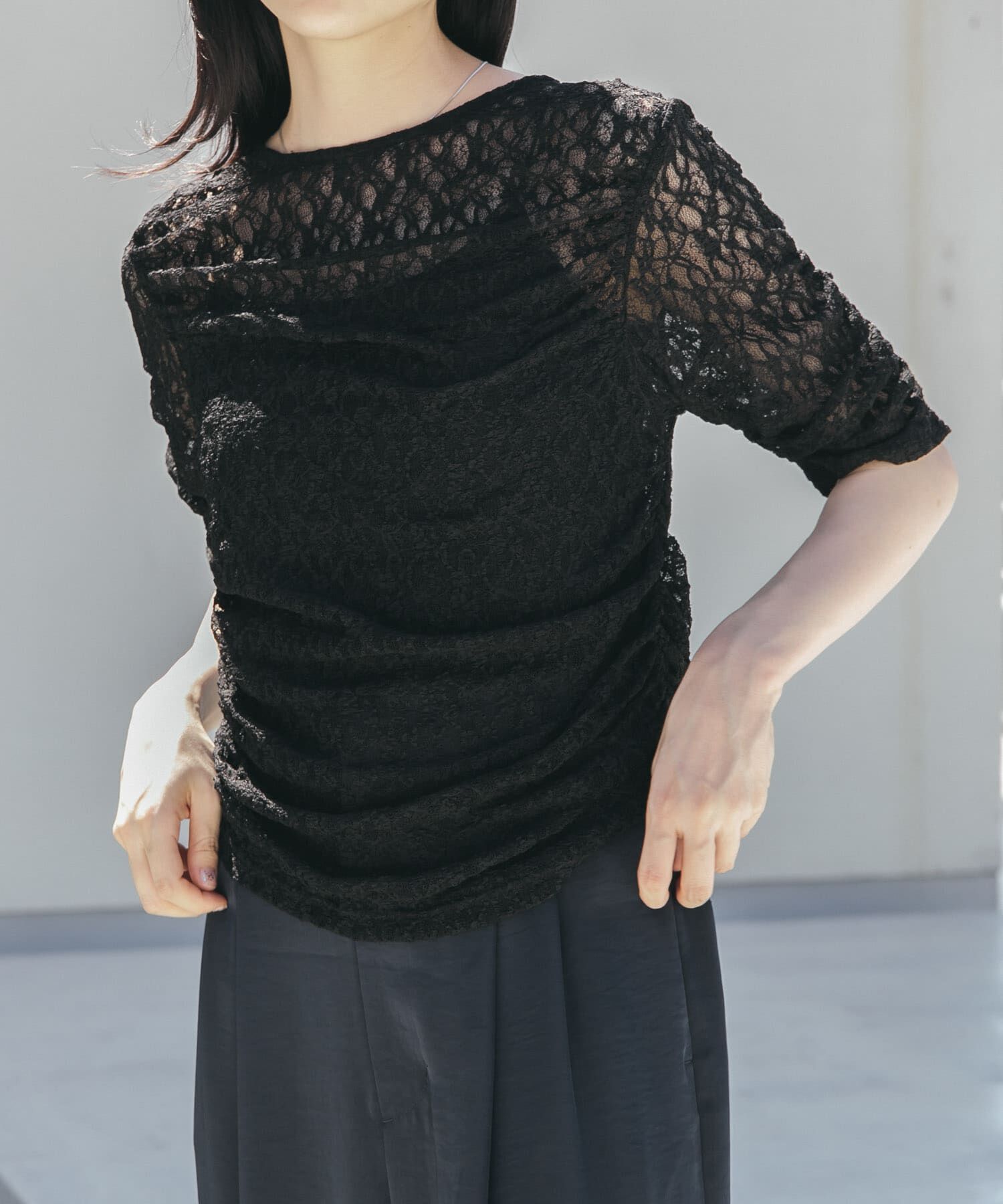  「ハーフスリーブドレープレースTEE」|Tシャツ・カットソー|