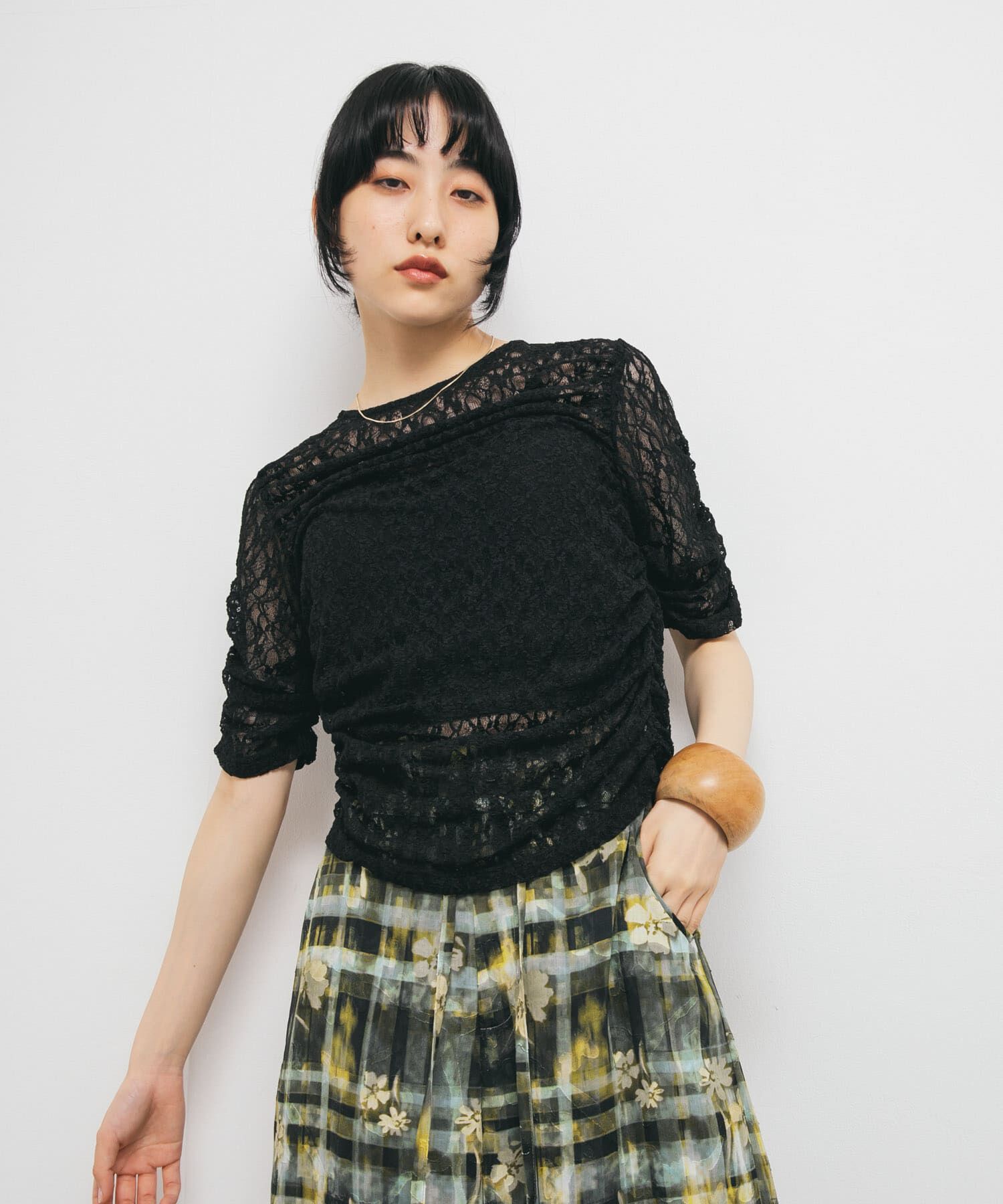  「ハーフスリーブドレープレースTEE」|Tシャツ・カットソー|