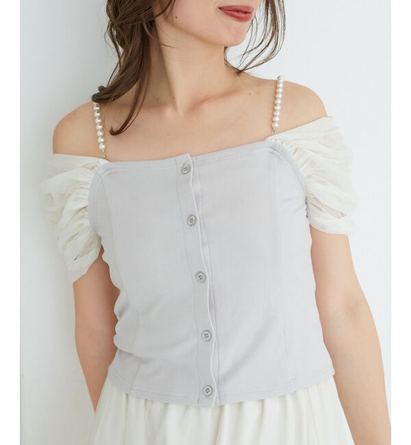  「パールチェーン異素材トップス」|Tシャツ・カットソー|