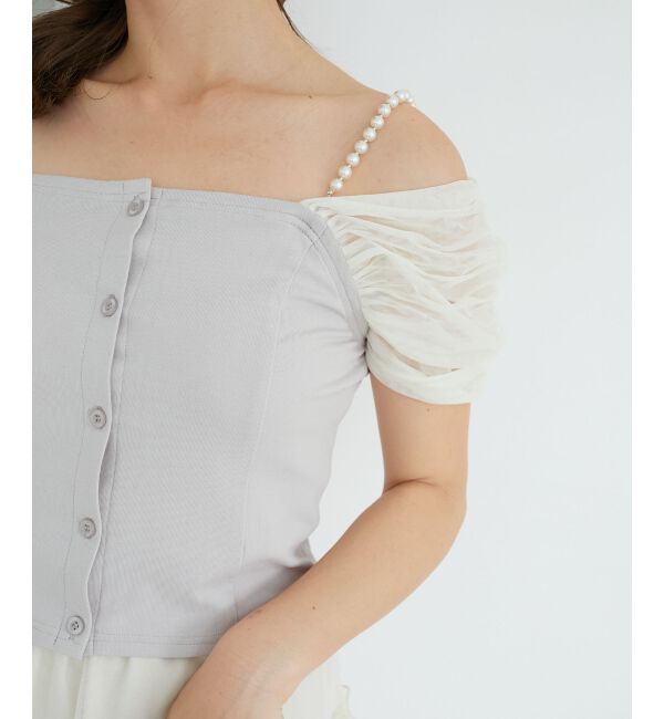  「パールチェーン異素材トップス」|Tシャツ・カットソー|