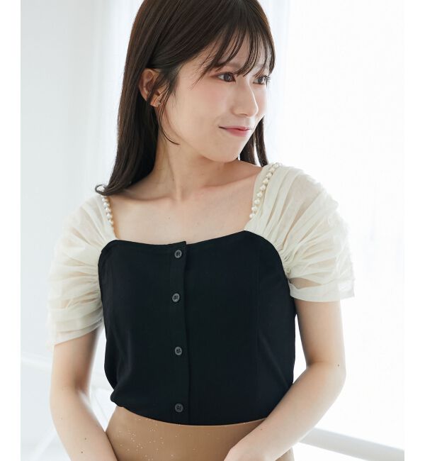  「パールチェーン異素材トップス」|Tシャツ・カットソー|