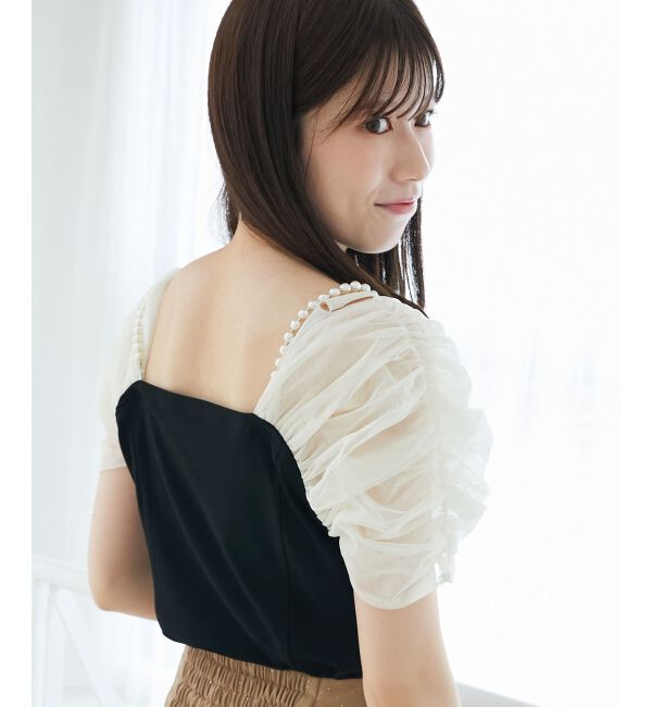  「パールチェーン異素材トップス」|Tシャツ・カットソー|