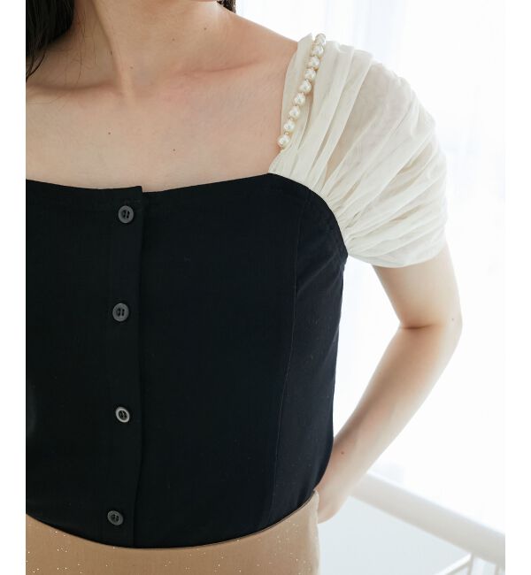  「パールチェーン異素材トップス」|Tシャツ・カットソー|