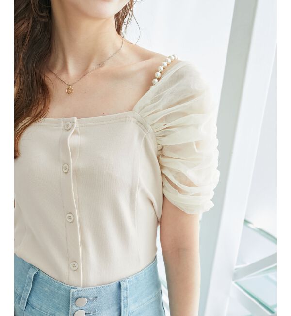  「パールチェーン異素材トップス」|Tシャツ・カットソー|