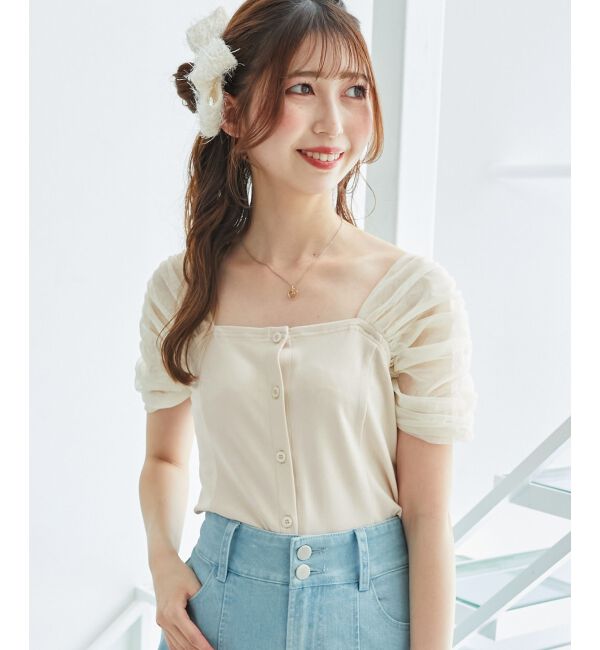  「パールチェーン異素材トップス」|Tシャツ・カットソー|