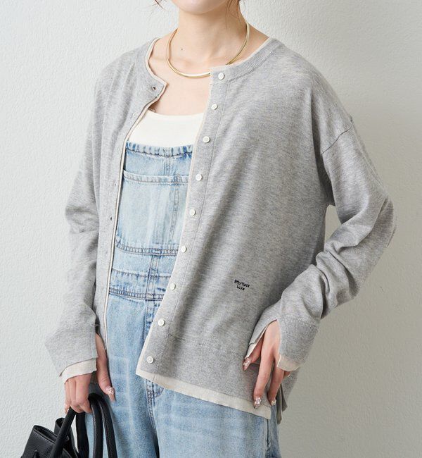  「レイヤード風配色ニットカーディガン」|カーディガン|グレー