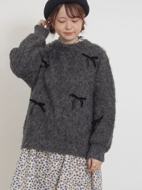 Samansa Mos2「ベロアリボン付ニット」|ニット・セーター|チャコールグレー