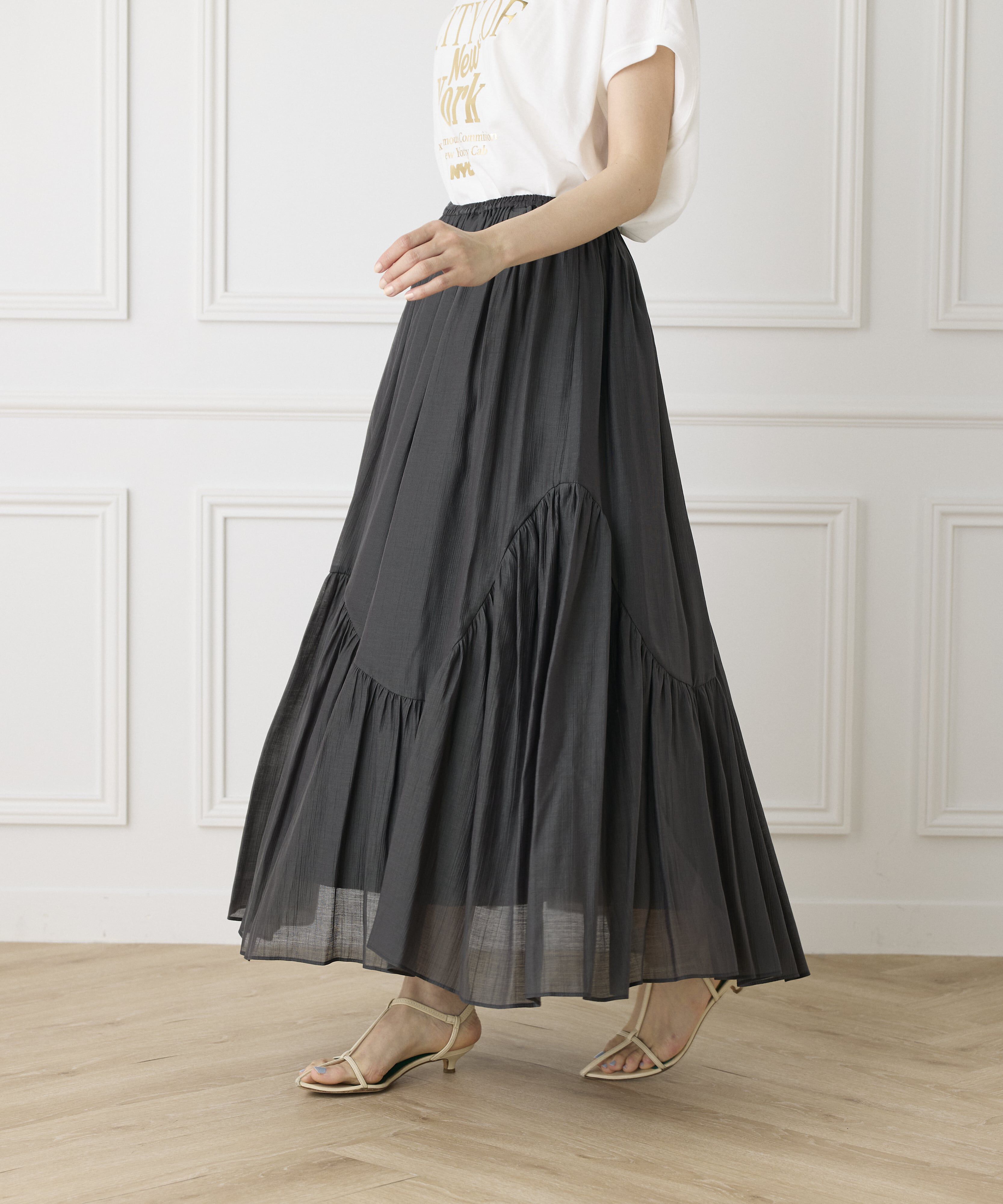 INED「《大きいサイズ》アシンメトリー切り替えギャザースカート」|フレア|
