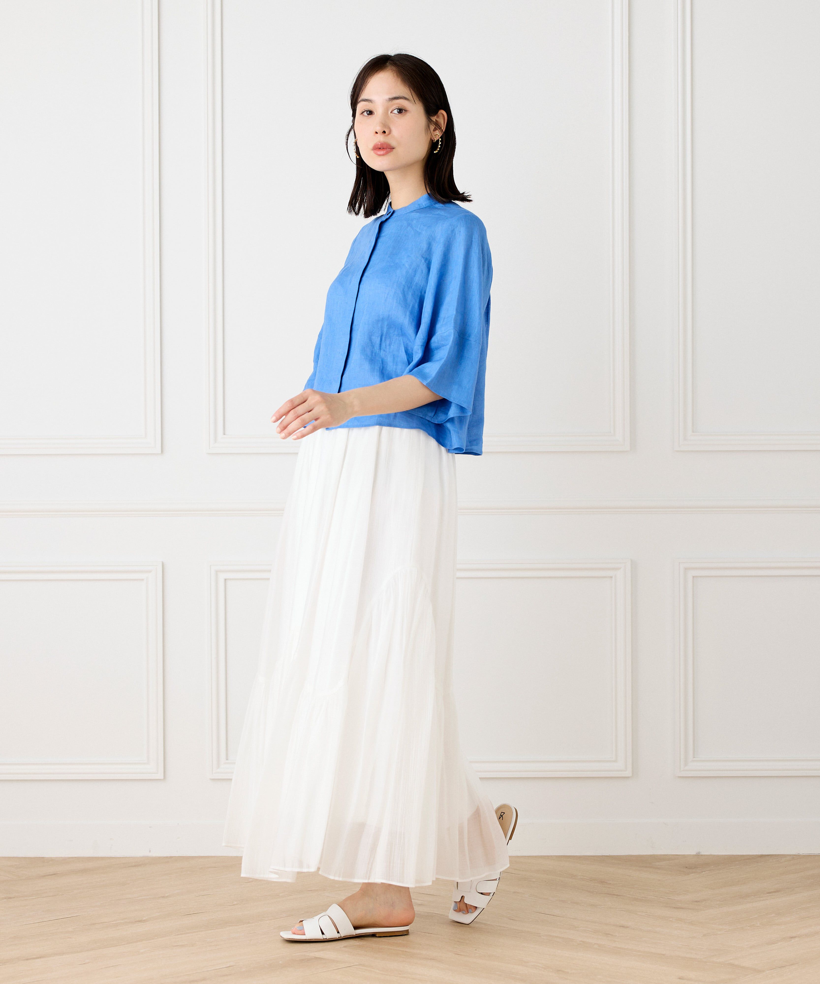 INED「《大きいサイズ》アシンメトリー切り替えギャザースカート」|フレア|