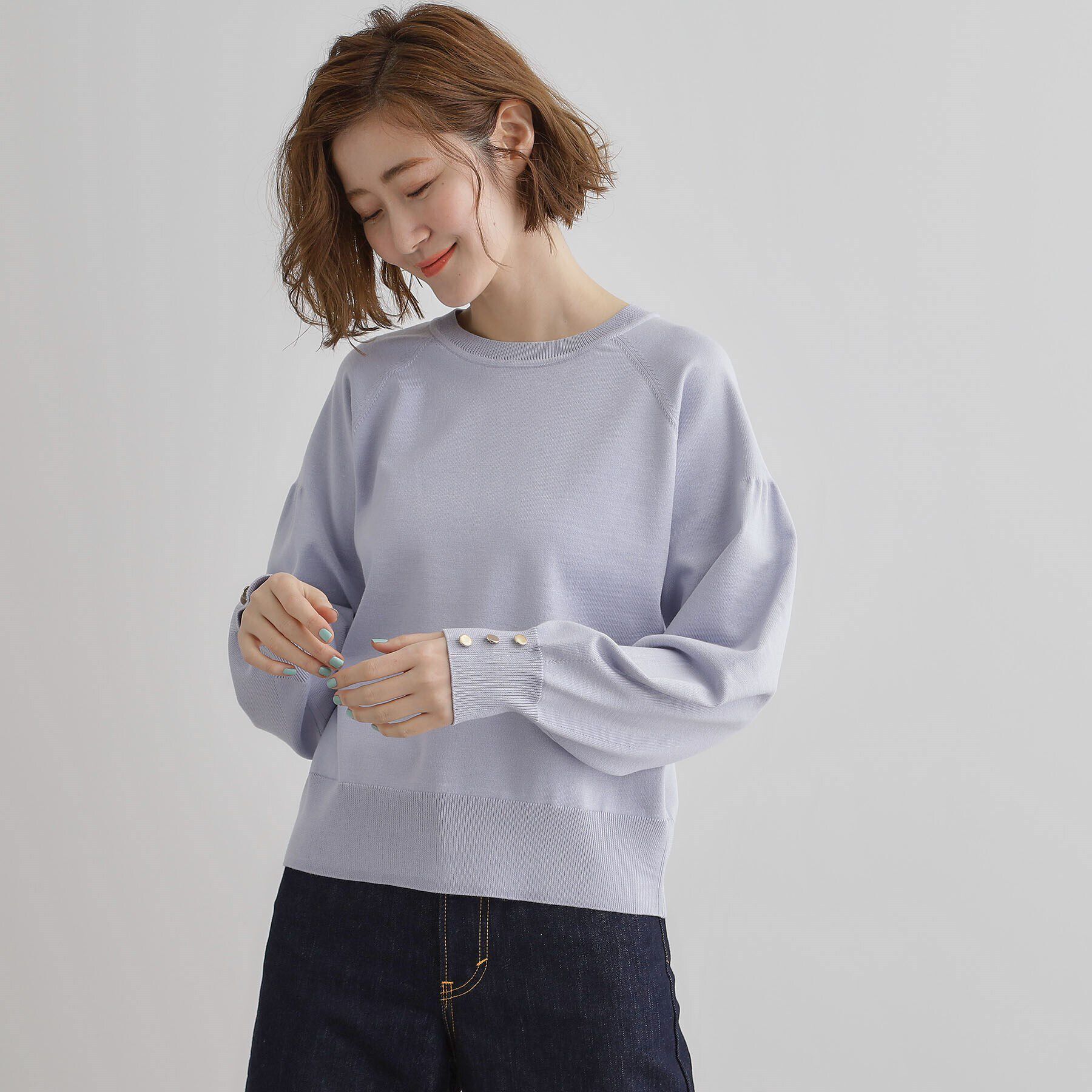 grove「袖口釦ボリュームスリーブクルーネックニット」|ニット・セーター|ライラック(080)