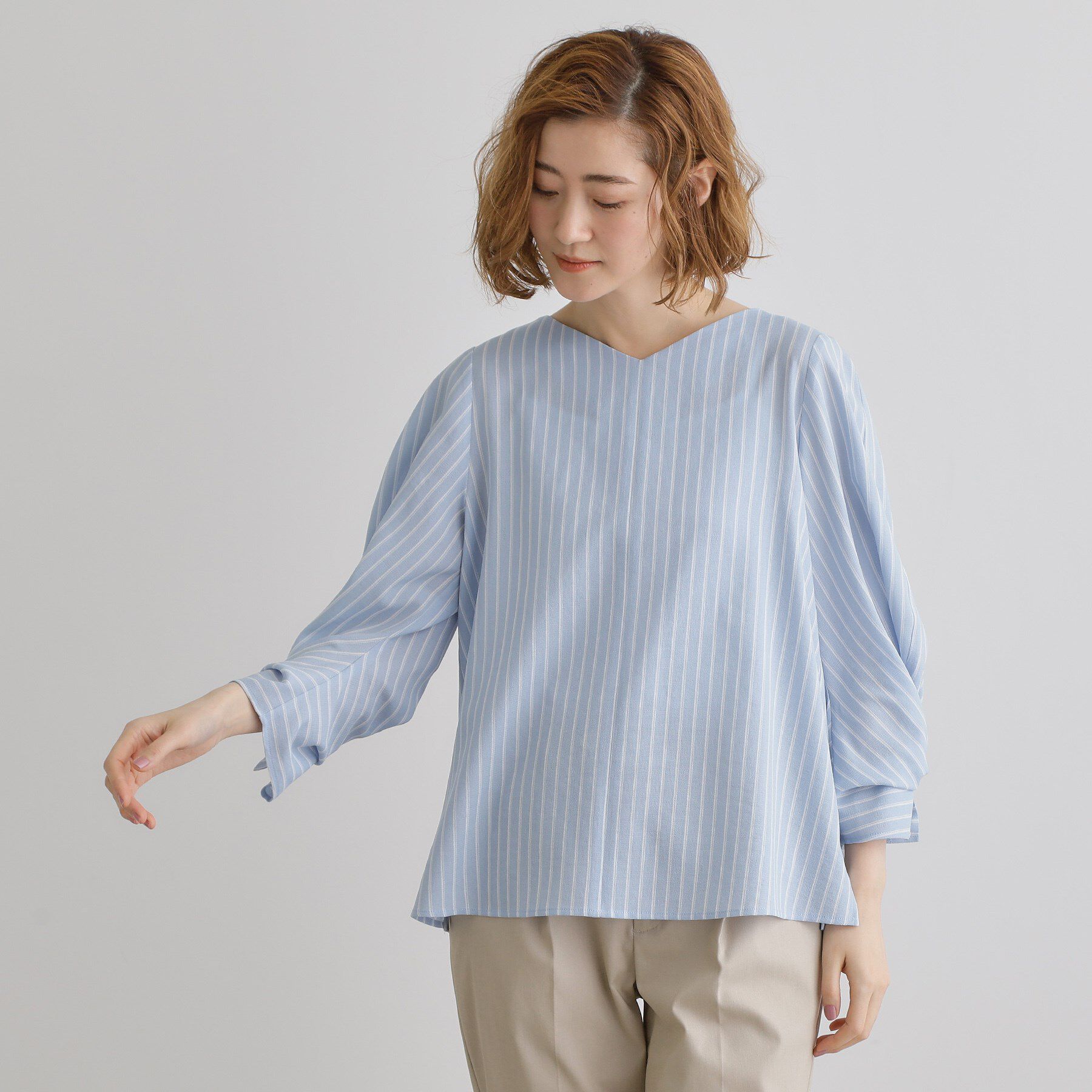 grove「【毎日着たい】麻調メッシュ袖コンシャスブラウス」|シャツ・ブラウス|ブルーストライプ(3