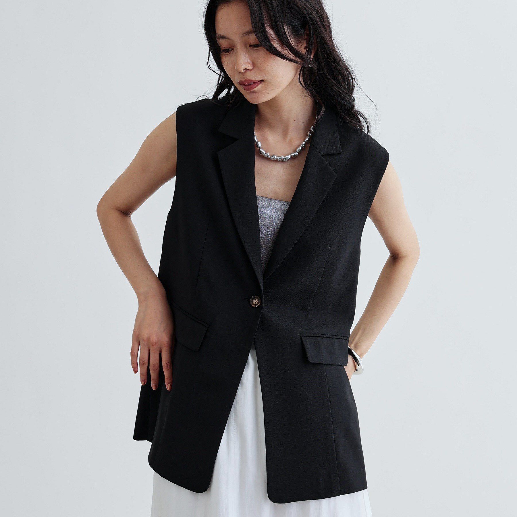 GALLEST「【セットアップ対応】リネンライクジレジャケット【カセット服/通勤・オフィス】」|ベスト・ジレ|ブラック(019)