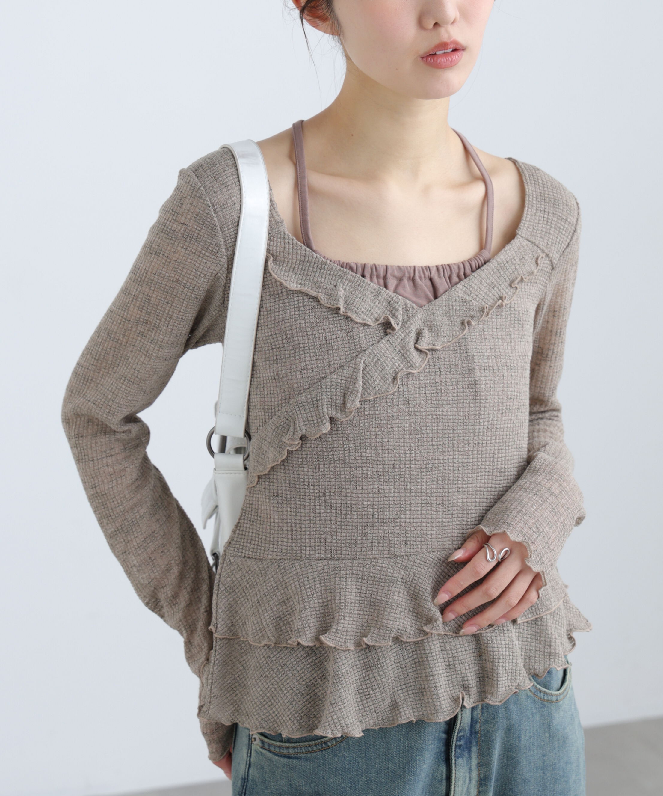  「ホルターインナーレイヤードカシュクールカットソー」|Tシャツ・カットソー|カーキ